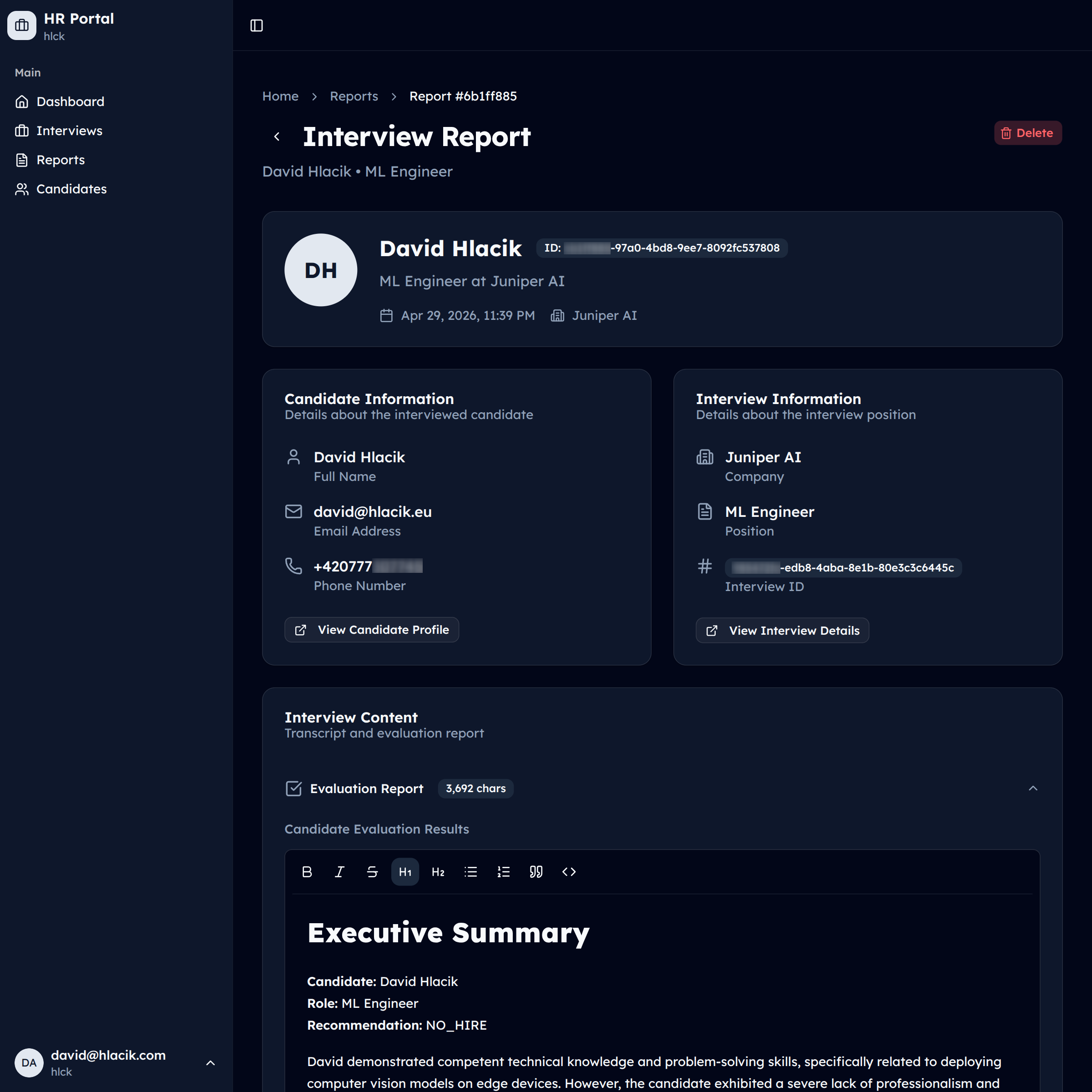 Opus HR Portal candidate evaluation report dashboard